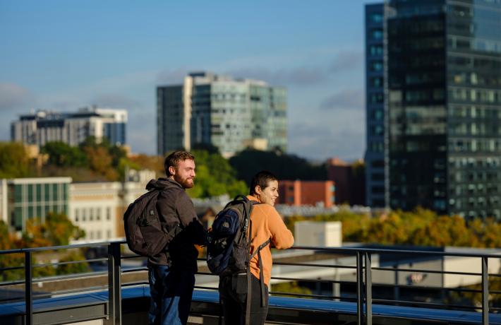 Students looking out on downtown Portland