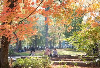 Students sitting outside on campus