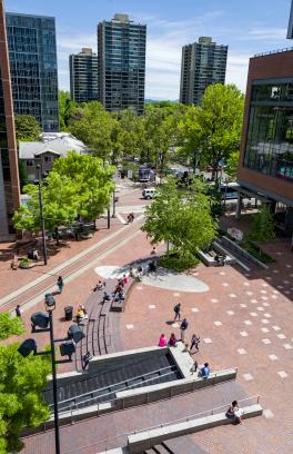 Photo looking down at the urban plaza