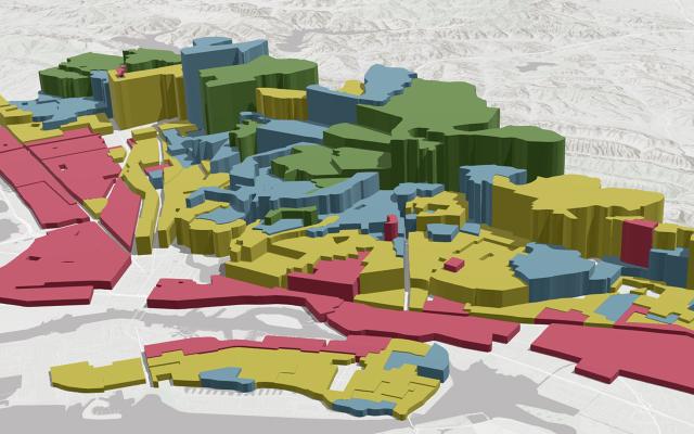 A colorful, 3D map of a city, with each section of the city being a different color/height