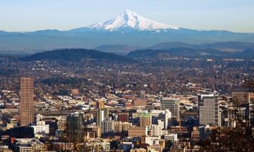 A view of the Portland skyline with Mt Hood visible in the distance