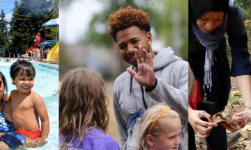 A panel of three photos: a mom and young son in a pool, a man high-fiving a child, and a woman showing a child a leaf.