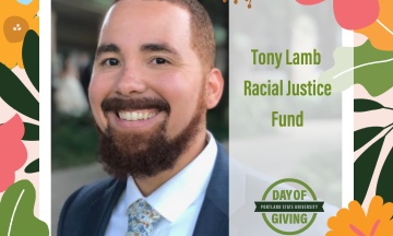 A photo of Tony Lamb surrounded by illustrated orange, blue, and pink flowers and the Day of Giving logo