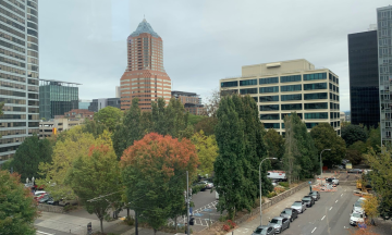 A photo of a city block on a cloudy day in Portland, Oregon