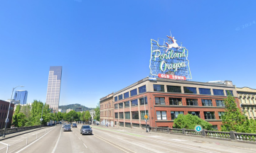 View of the Portland sign from the Burnside Bridge. Credit: Google Streetview, May 2024