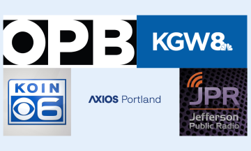 The logos for OPB, KGW8, KOIN 6, Axios Portland, and Jefferson Public Radio