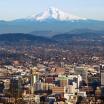 A view of the Portland skyline with Mt Hood visible in the distance