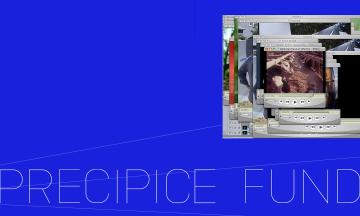 A blue screen reads "Precipice Fund" in thin white writing. In the top left corner, a multitude of tabs are open.