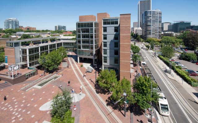 Aerial view of the Urban Center building and plaza