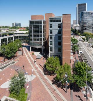 Aerial view of the Urban Center building and plaza