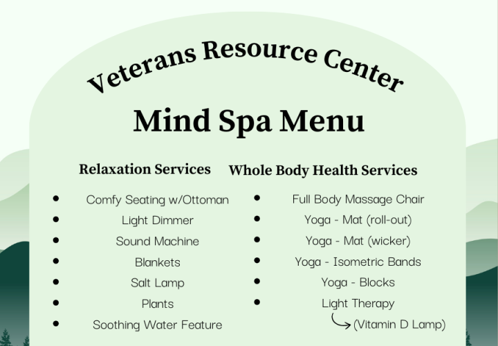 vrc mind spa menu - relaxation services include comfy seating w/ ottoman, light dimmer, sound maching, plants, and more. health services: massage chair, yoga instruments, light therapy