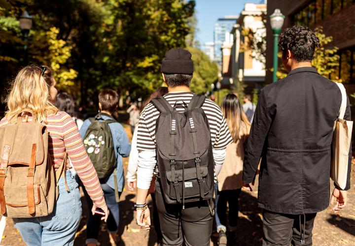 Portland State University students walking in the Park Blocks