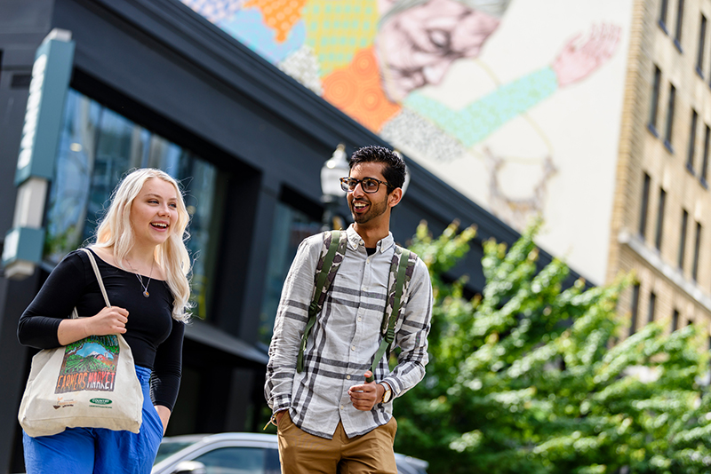 Portland State students walking downtown