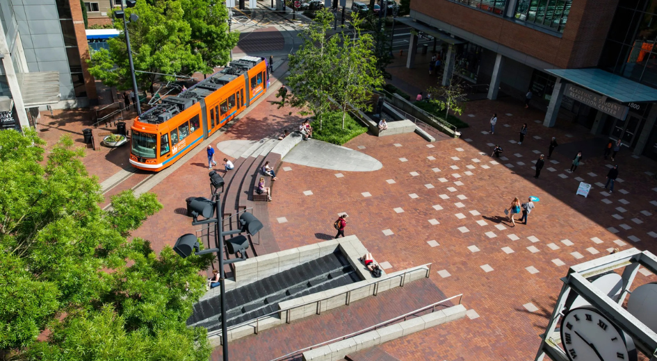 overhead view of PSU uUrban plaza with streetcar 