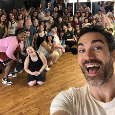 Group selfie with Hadestown performer Alex Puette 