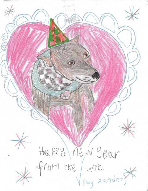 a child's colored pencil drawing of a grey dog wearing a green and red party hat and a checkered bandana around its neck inside of a pink heart with the words "happy new year from the WRC by Xander" written below