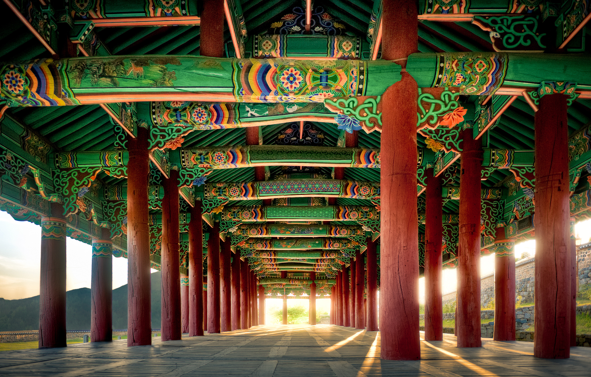 Old Korean architectural art on a public place in Yeosu, South Korea