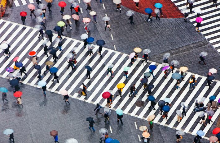 Aerial view of a busy intersection in Tokyo, Japan