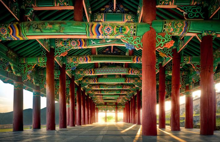 Old Korean architectural art on a public place in Yeosu, South Korea